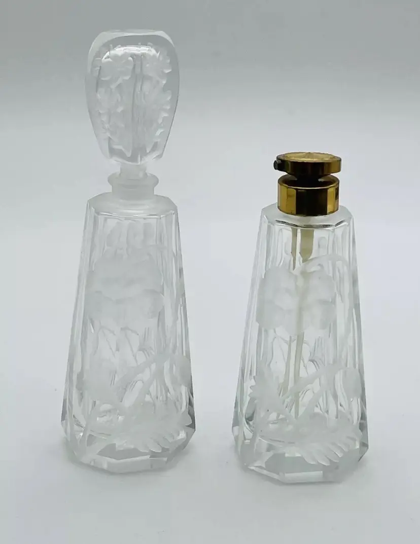 Vtg Etched Frosted Flower Perfume Bottles (2)With Brass Sprayer Top And Stopper