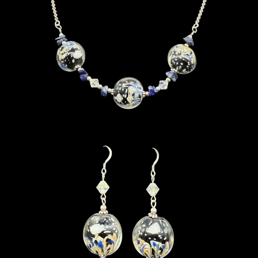 Navy Blue Art Glass 925 Sterling Silver Earring And Necklace Set 18”