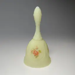Fenton Roses On Custard Medallion Uranium Glass Bell Hand Painted S Johnson Vintage 1980s