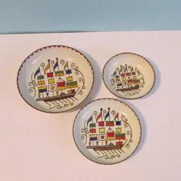 lot of 3 colorful vintage Greek enamel art ship Moissiadis Greece trinket dish