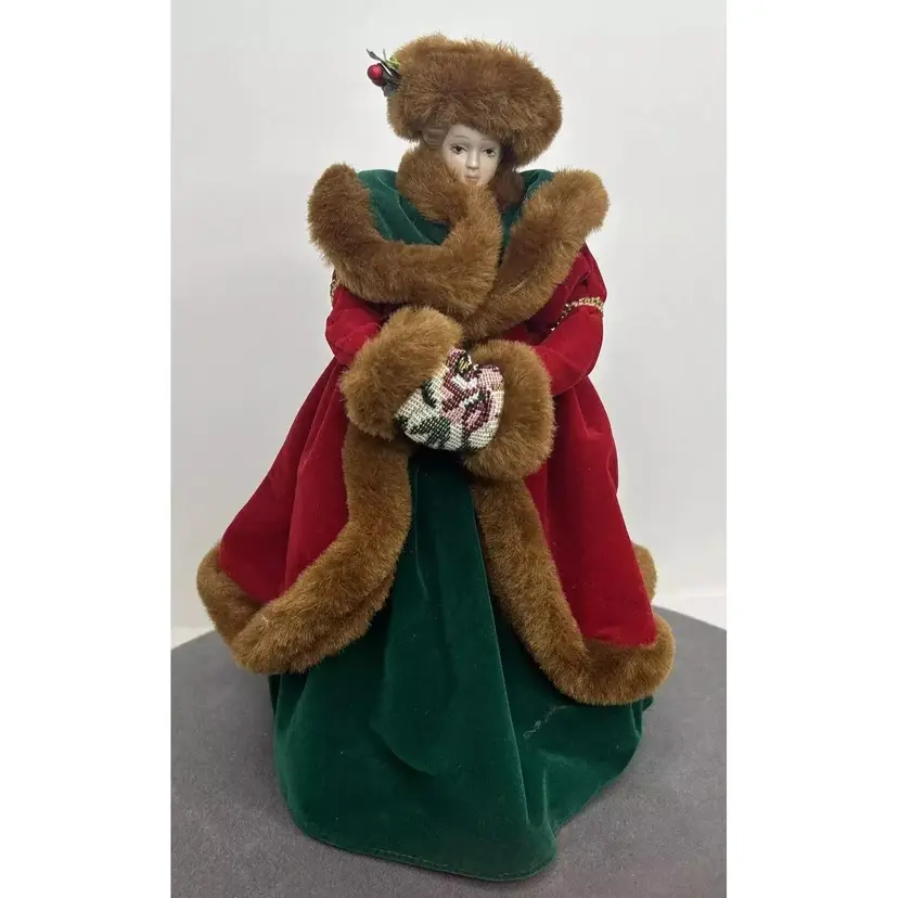 Vintage Christmas Victorian Lady TreeTopper Shelf-Sitter RedGreen FursMuff