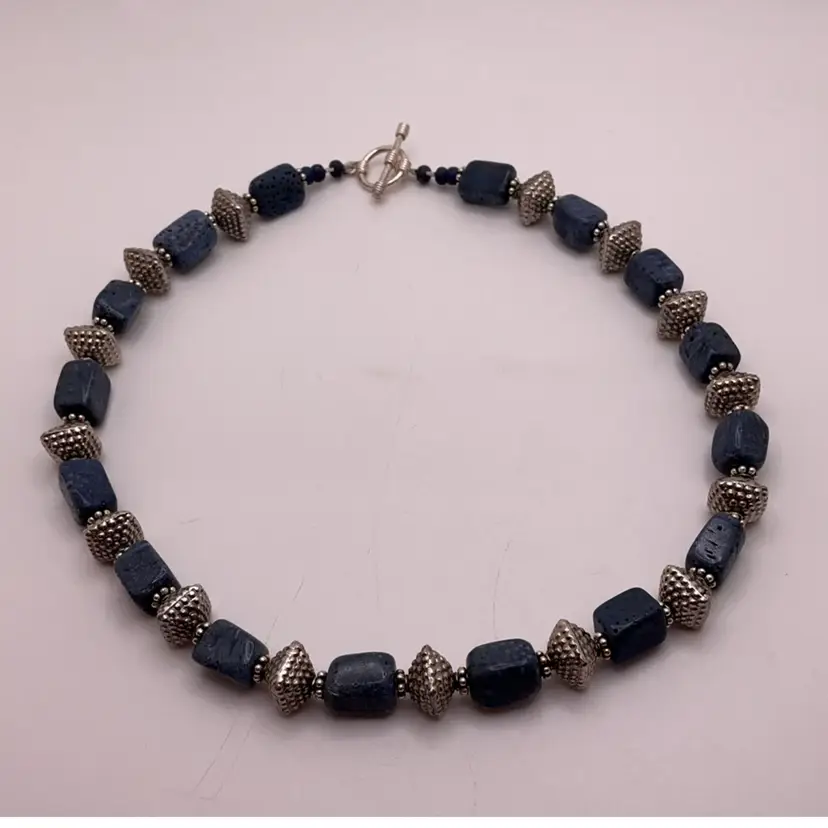 MANIC Blue Stone & Metal Bead Choker Necklace with Toggle 16β Artisan Made