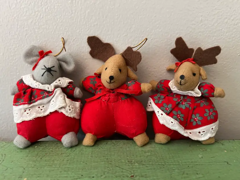 Trio of Plush Christmas Ornaments by Oriental Trading. Cute Christmas Mouse and Festive Reindeer