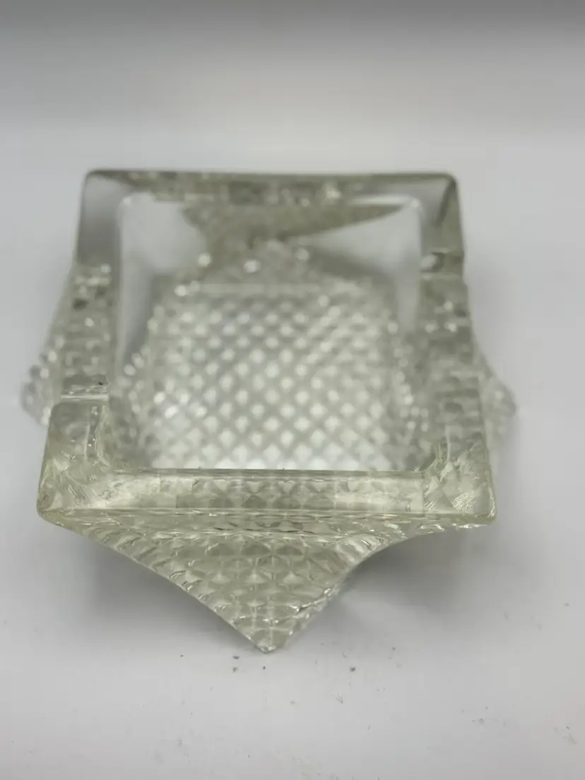Vintage Crystal Diamond Pattern Ashtray, Mid Century Retro 4” X 3” As Is - One Small Chip On A Corner