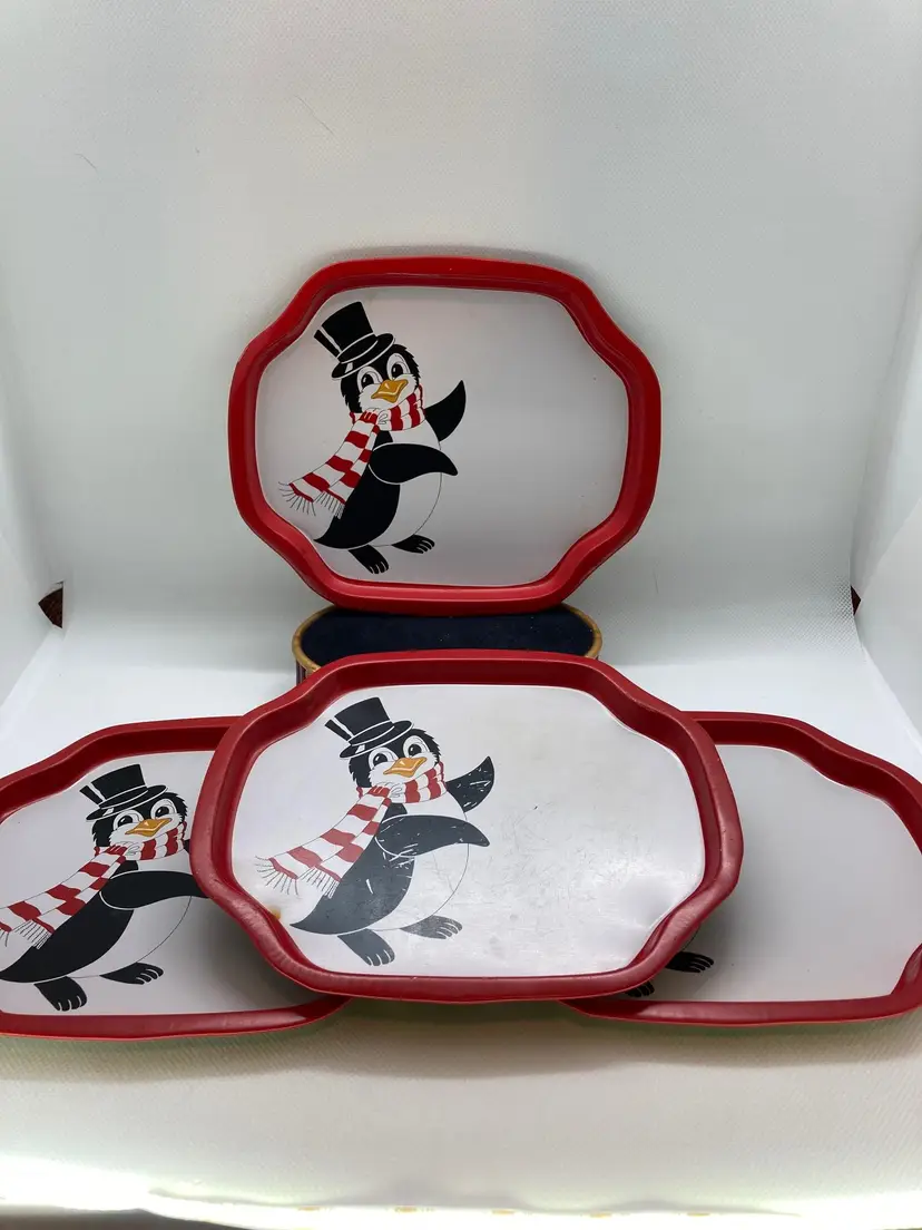 Vtg. Set of 4 Small 
Metal Serving Trays Christmas Penguins in Top Hats