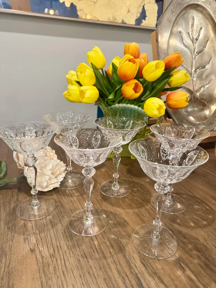 1930s-1940s Rogaska "Queen" pattern Tiffin Franciscan Byzantine set of 6 stemware 7” tall & 5” wide