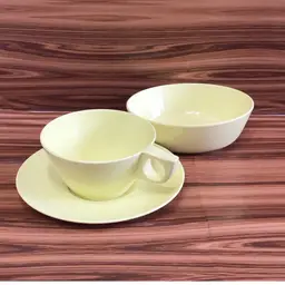 Vintage Melamine Melmac Cup, Saucer, and Bowl Set in Soft Yellow by Texas-ware