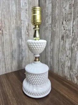 Vintage 1950s MCM Lamp Hobnail Milk Glass Small for Table, Countertop or Boudoir. 11" Tall.