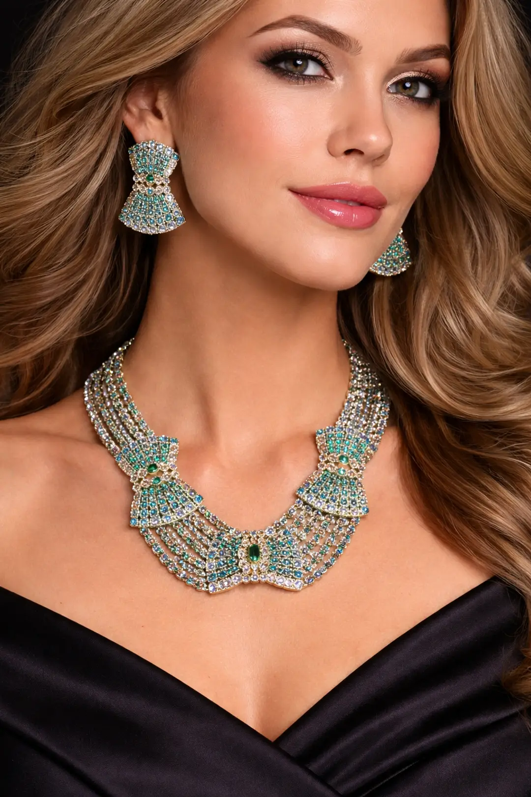 💎 Vintage-Inspired Crystal Statement Necklace Set , Aqua Blue Multi-Strand w/ Matching Earrings
