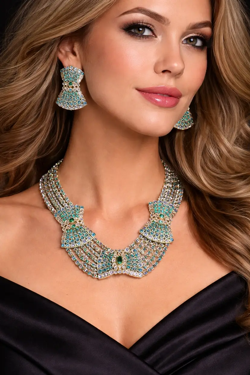 💎 Vintage-Inspired Crystal Statement Necklace Set , Aqua Blue Multi-Strand w/ Matching Earrings