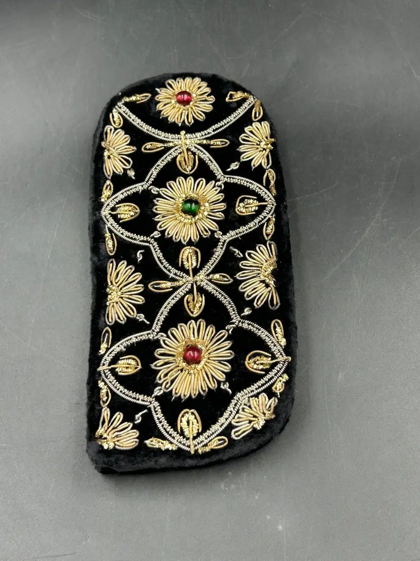 Zardozi Eyeglass, Case Black Velvet With Metallic Thread Florals- Orange And Green Cabochons