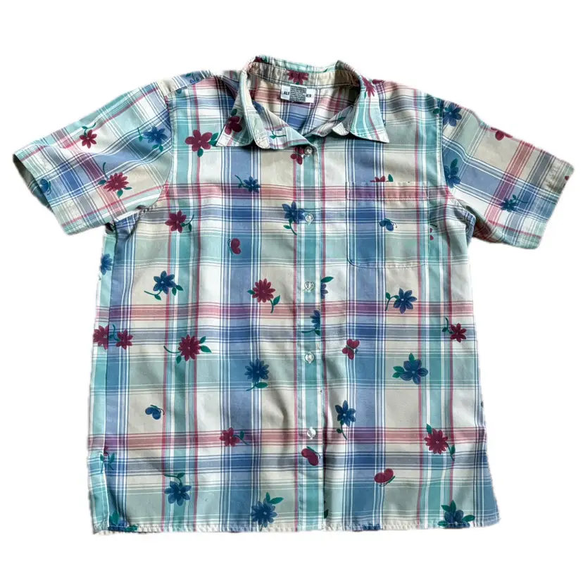 Vintage Alfred Dunner Pastel Plaid Floral Button Front Shirt Sz 12 Cottage Core