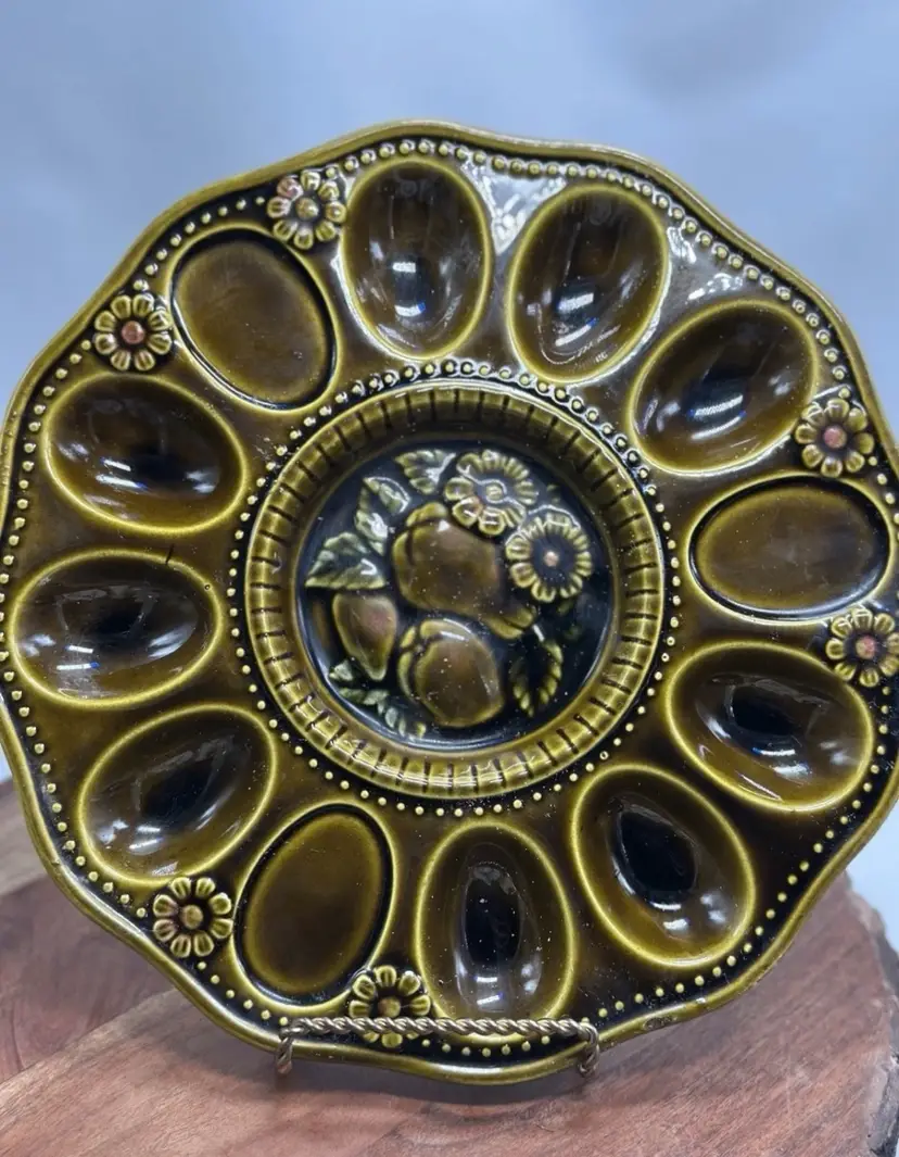 Vintage MCM Green 1970’s Deviled Egg Plate Easter Tray Floral Japan