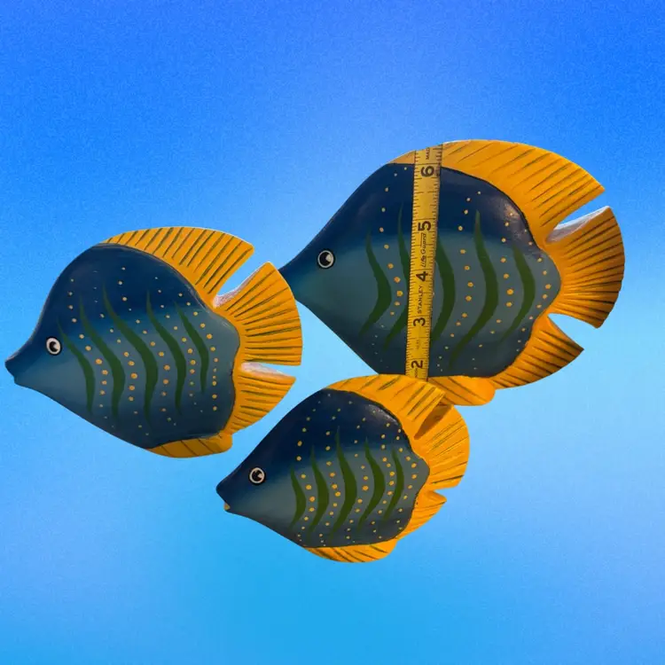 Set Of 3 Wooden Hand Painted Fish Blue Yellow For Decor