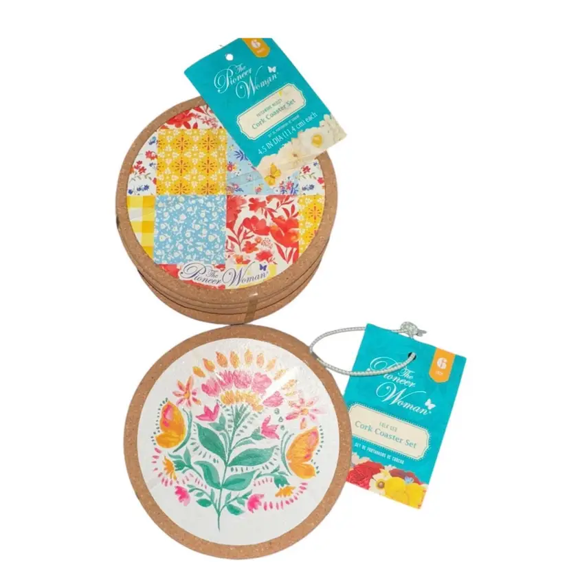 Pioneer Woman Cork Coasters-Two Sets Of 6 - Folk Geo & Patchwork Medley NWT