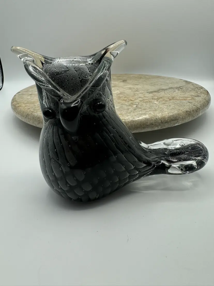 Hand Blown Art Glass Owl Grey Encased  Controled Bubbles Paperweight
