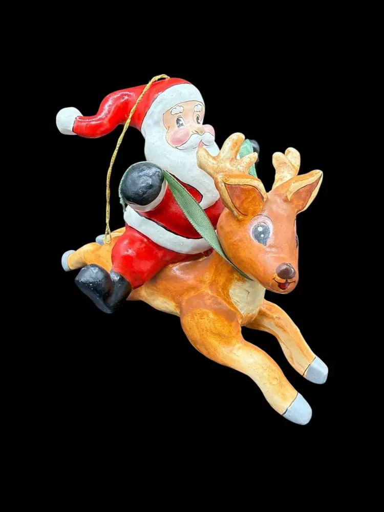 Santa Riding Reindeer Vintage Christmas Ornament Folk Art Paper Mache As Is