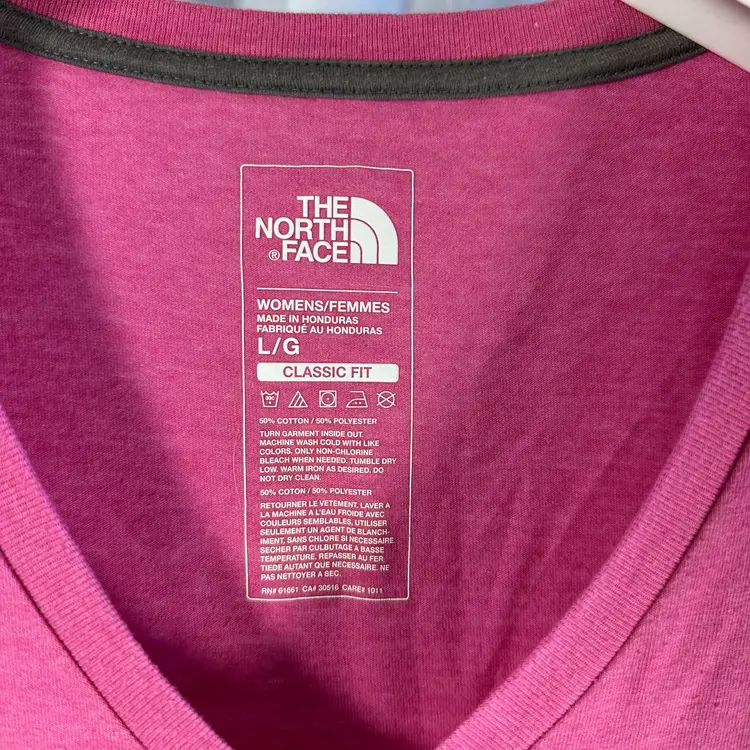 North Face Womens Short Sleeve T Shirt Large Pink Casual Top Gold Half Dome