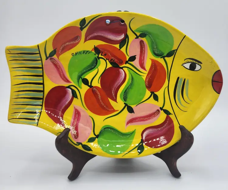 Handmade Mexico Signed Bright Colorful Peppers Redware Fish Wall Hanging NWOT