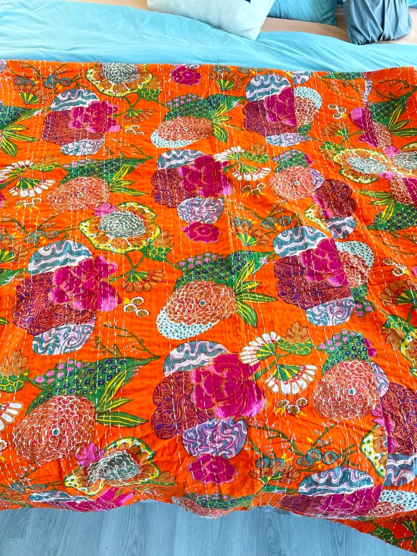 King Sized Kantha India Quilt Blanket Orange 108"x108"