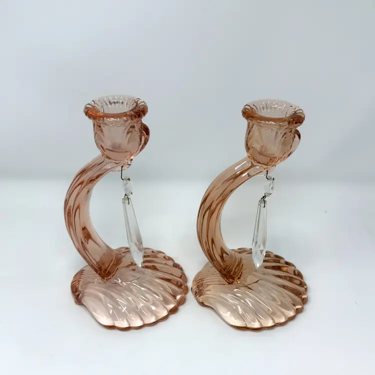 Pink Glass Candle Holders – Cambridge Caprice Shell with Crystal Prisms (#70), 1930s  (0019-25)