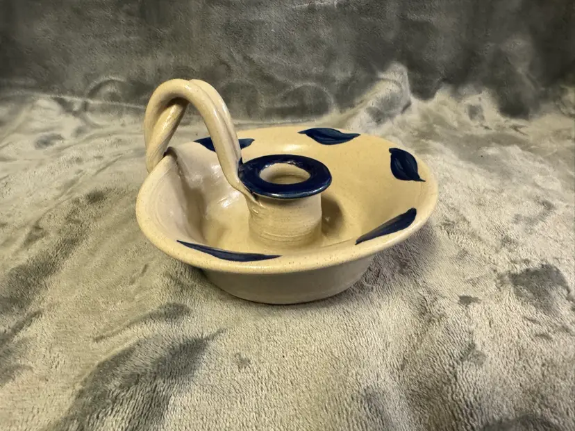 Vintage Williamsburg 1998 Art Pottery Candlestick Holder Salt Glazed Cobalt Blue