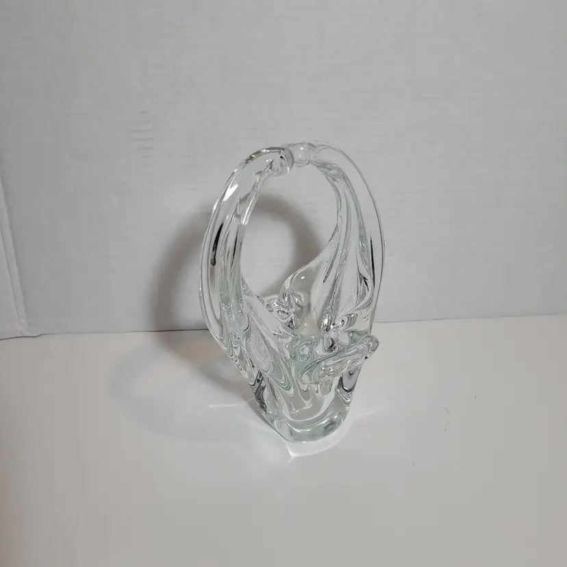Vintage Clear Art Glass Handblown Mid Century Modern Basket Vase Murano Style