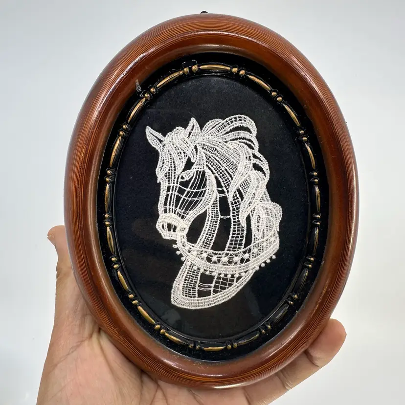 Vintage Oval Framed Horse Belgian Lace Embroidery