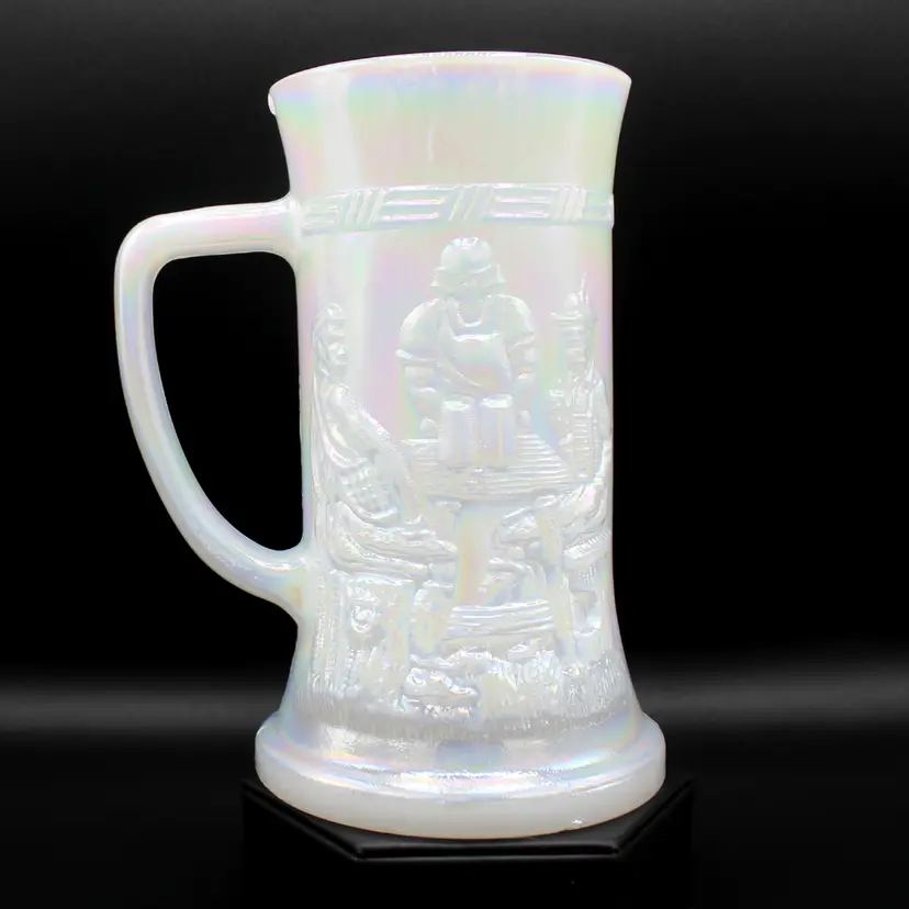 Vintage Federal Glass Beer Stein Mug Iridescent Moon Glow Carnival Milk Glass