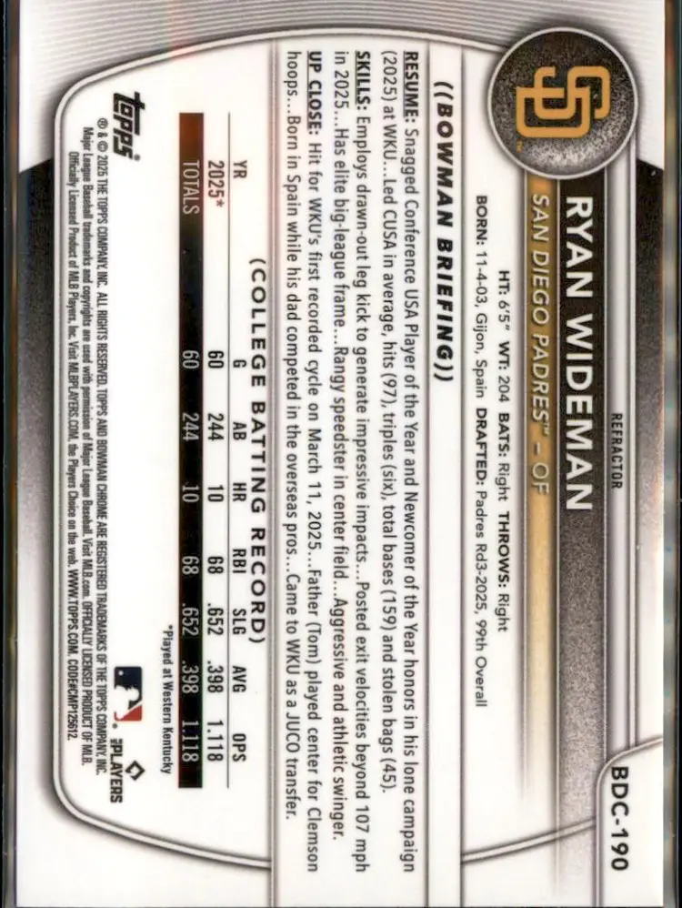 2025 Bowman Draft #BDC-190 Ryan Wideman Chrome Refractor - (138) - San Diego Padres