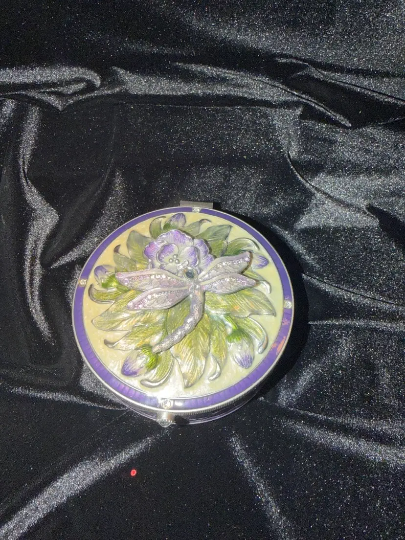 Gorgeous Vintage Enamel Jeweled Dragonfly Keepsake Round Mirrored Trinket Box