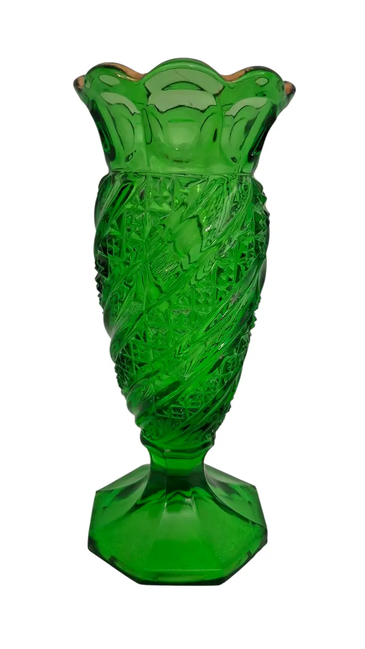 Antique EAPG Green Swirl & Diamond Cane Vase, U.S. Glass Co. c.1900 – Early American Pattern Glass – Scalloped Rim Gold Trim