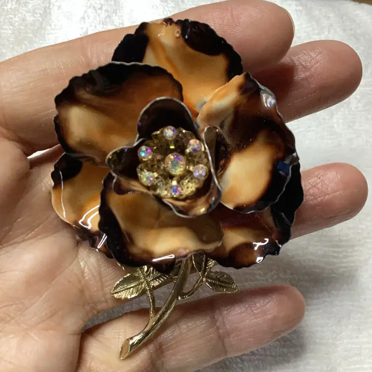 Vintage Flower Brooch  Brown Enamel Tones And AB Rhinestones 3”