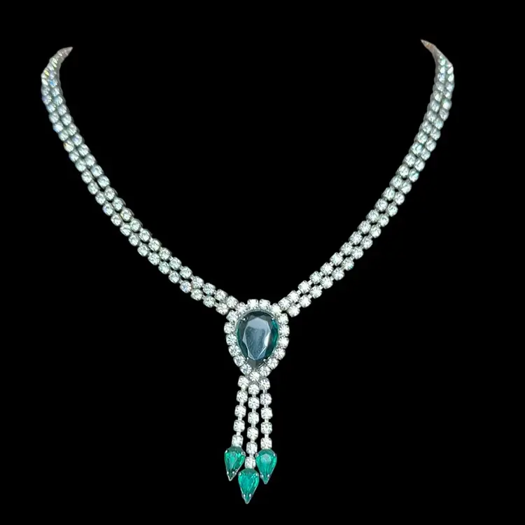 Rhinestone Necklace Emerald Green Teardrop Pendant Vintage Style