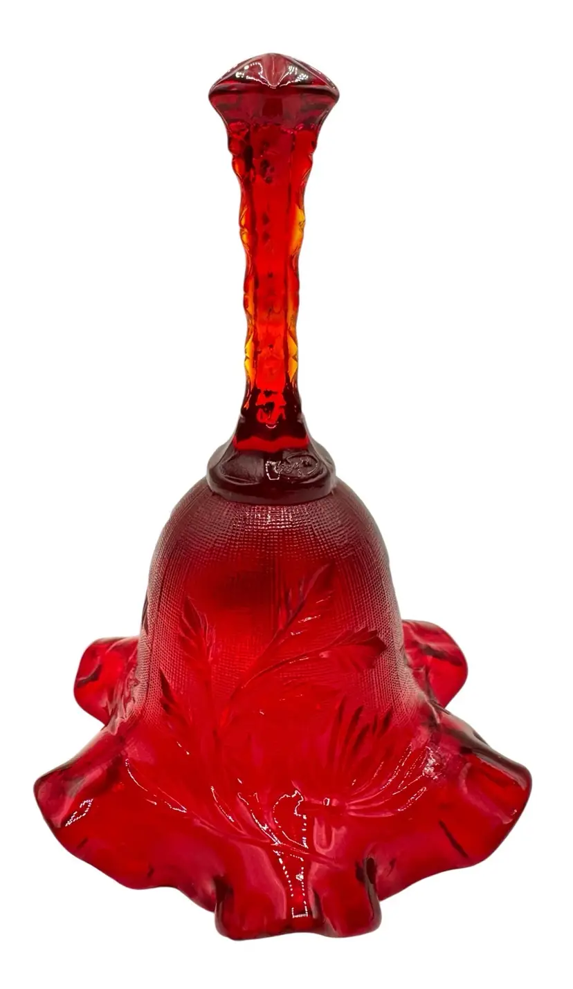 Vintage Fenton Art Glass Bell Ruby Red Amberina Ruffled Floral Pattern 6.25”