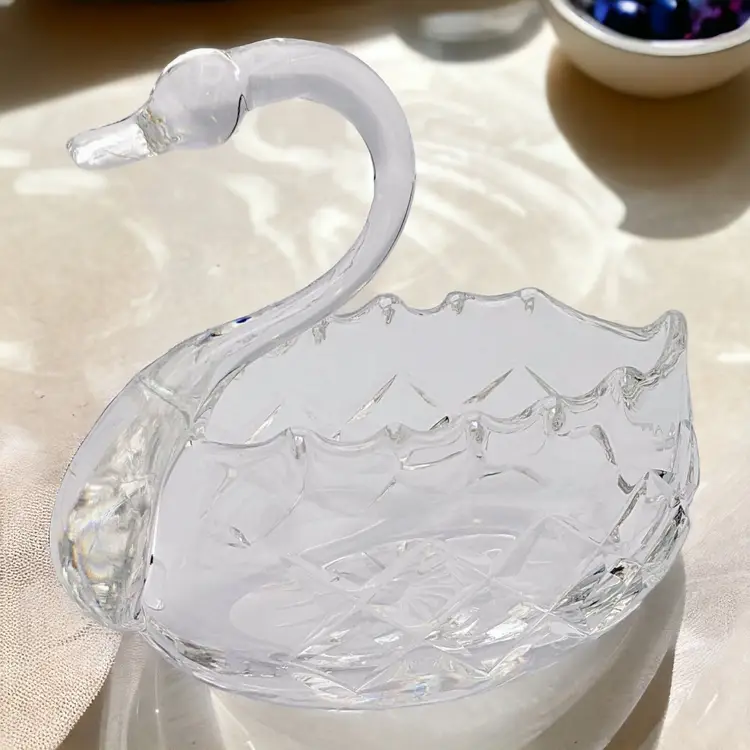 Vintage Bohemian Clear Crystal Cut Glass Open Swan Bowl Trinket Dish