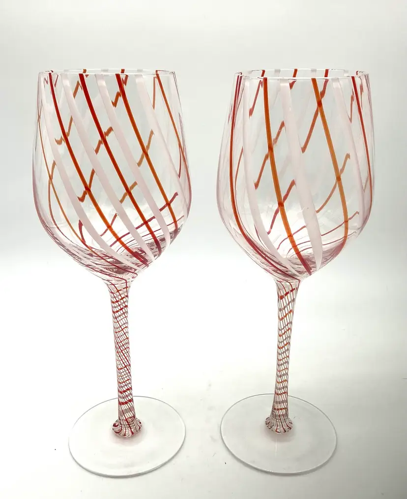 BIN- Pair Of Pier 1 Handmade Swirl Red and White Swirl Peppermint Wine Glasses Valentine Holiday