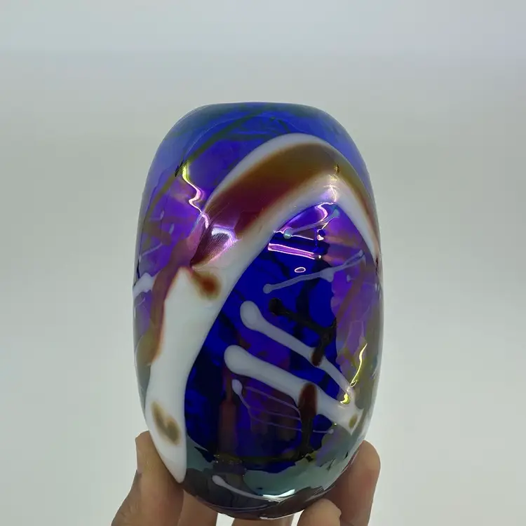 Signed 83” Splatter Style Cobalt Blue Art Glass Small Vase 5” WE Porter