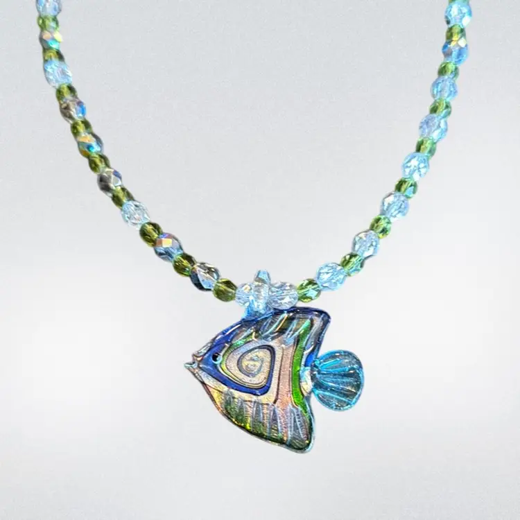 Artisan Made Art Glass Fish 2” on Aurora Borealis Crystal Necklace 18”
