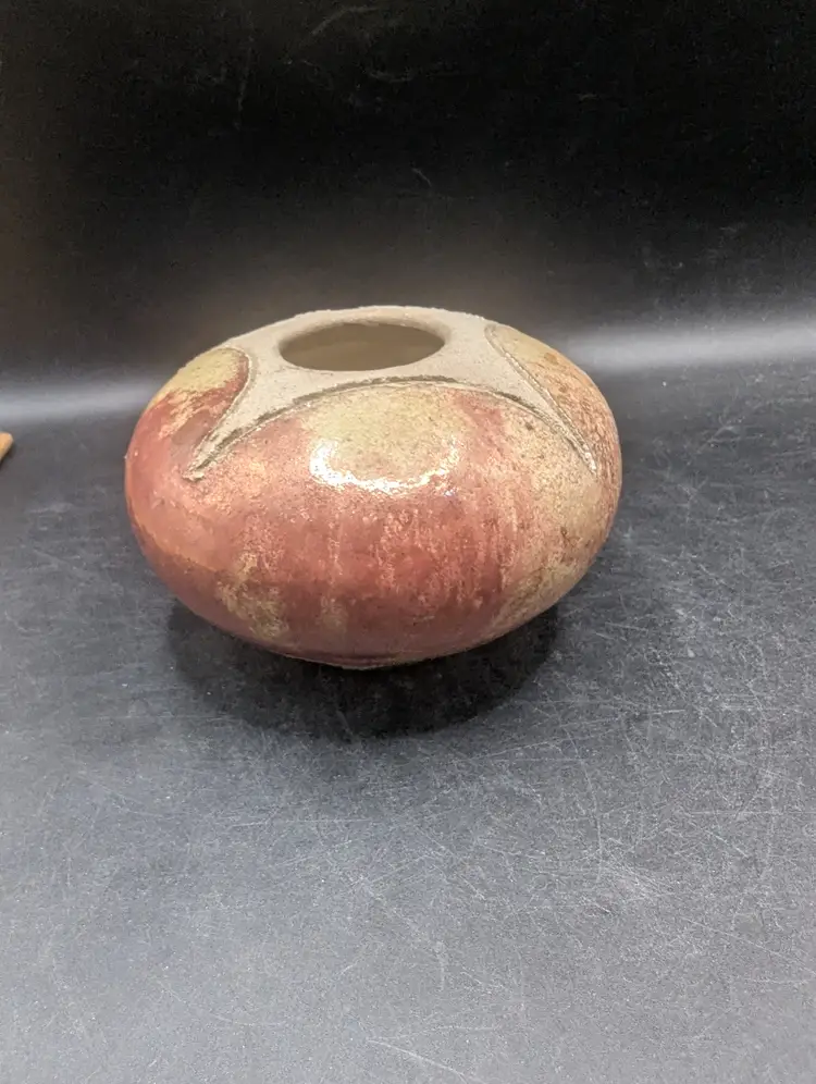 Vintage Round Raku Ikebana Vase Reddish Brown And Tan Signed Peltz