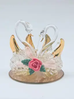 Hand Spun Glass Double Swans Figurine on Mirror Base