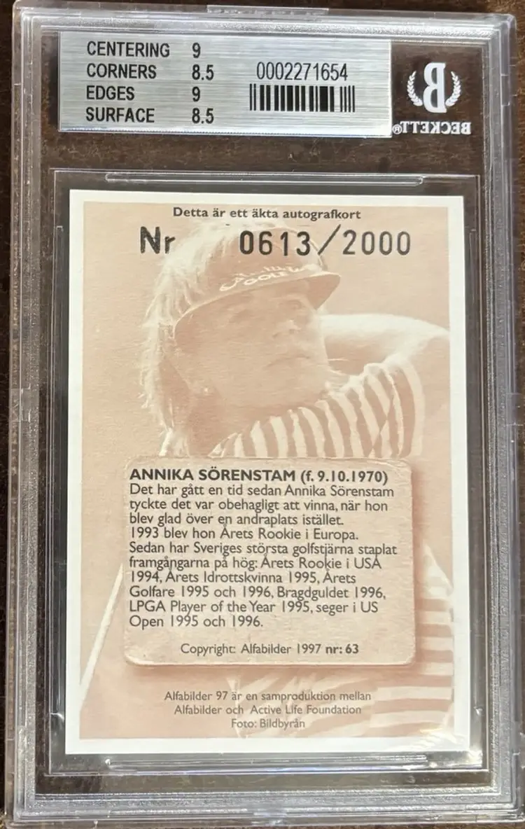 1997 Annika Sorenstam Auto Autograph Signed Signature Alfa Alfabilder /2000 Beckett Graded 8.5