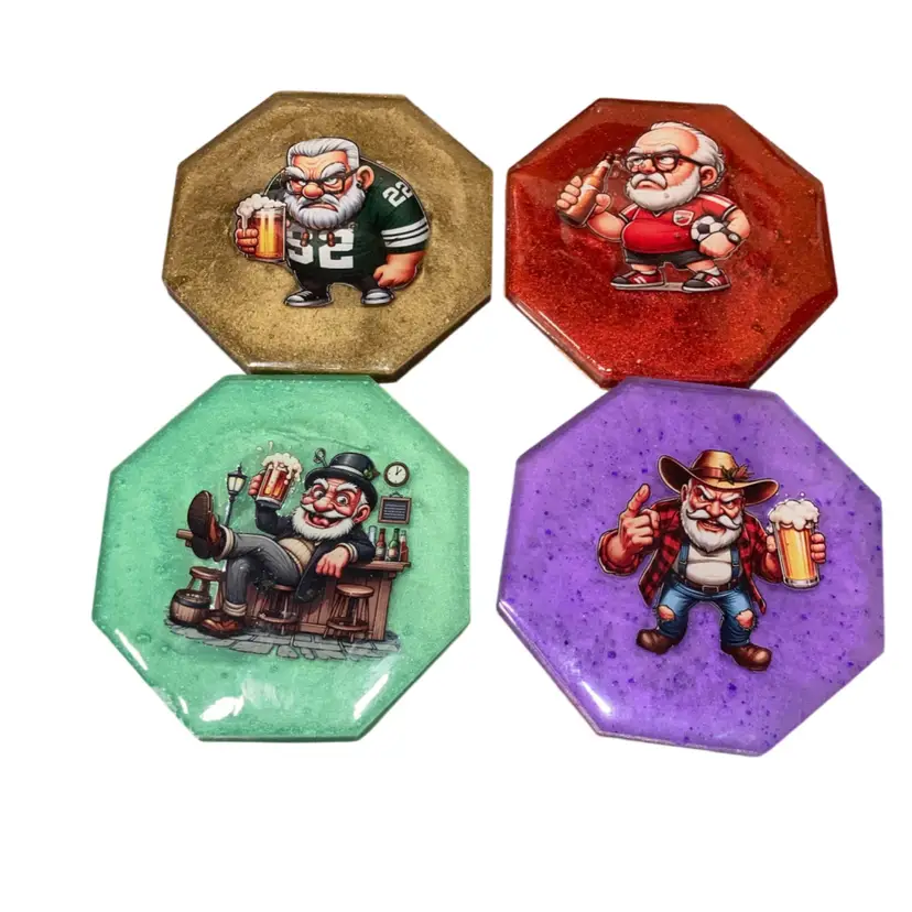 Set Of Four Grumpy Old Men Octagon Resin Coasters Handmade