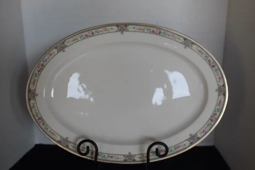 Antique Hutschenreuther Selb oval platter, LHS Bavaria, Pink Roses &Blue Flowers