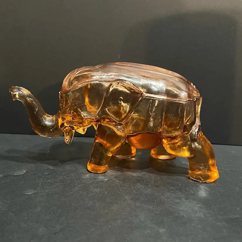 Flint Glass Co. HTF Pink / Peach Elephant Candy Dish, Depression Glass ~4.25” x 8” x 2.75”