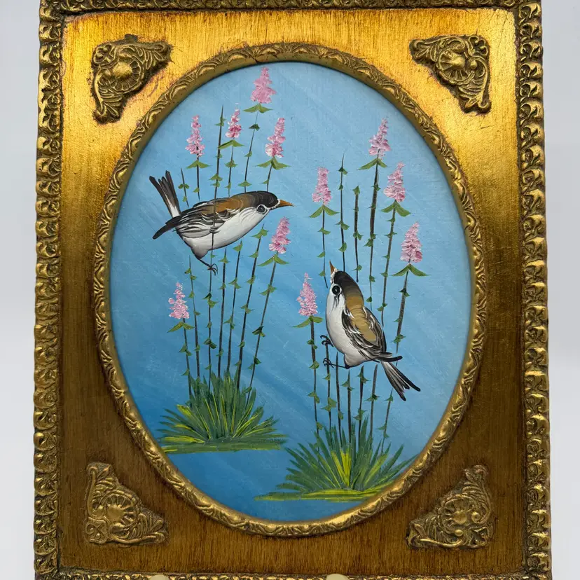 Vtg Ornate Gold Framed Oval Hand Painted Artwork Finch Birds On Floral Branches