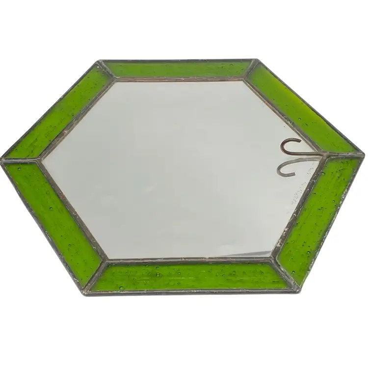 Vtg. Handmade Leaded Stained Green Glass Window Art w/mirror, Hexagon, w/Hook