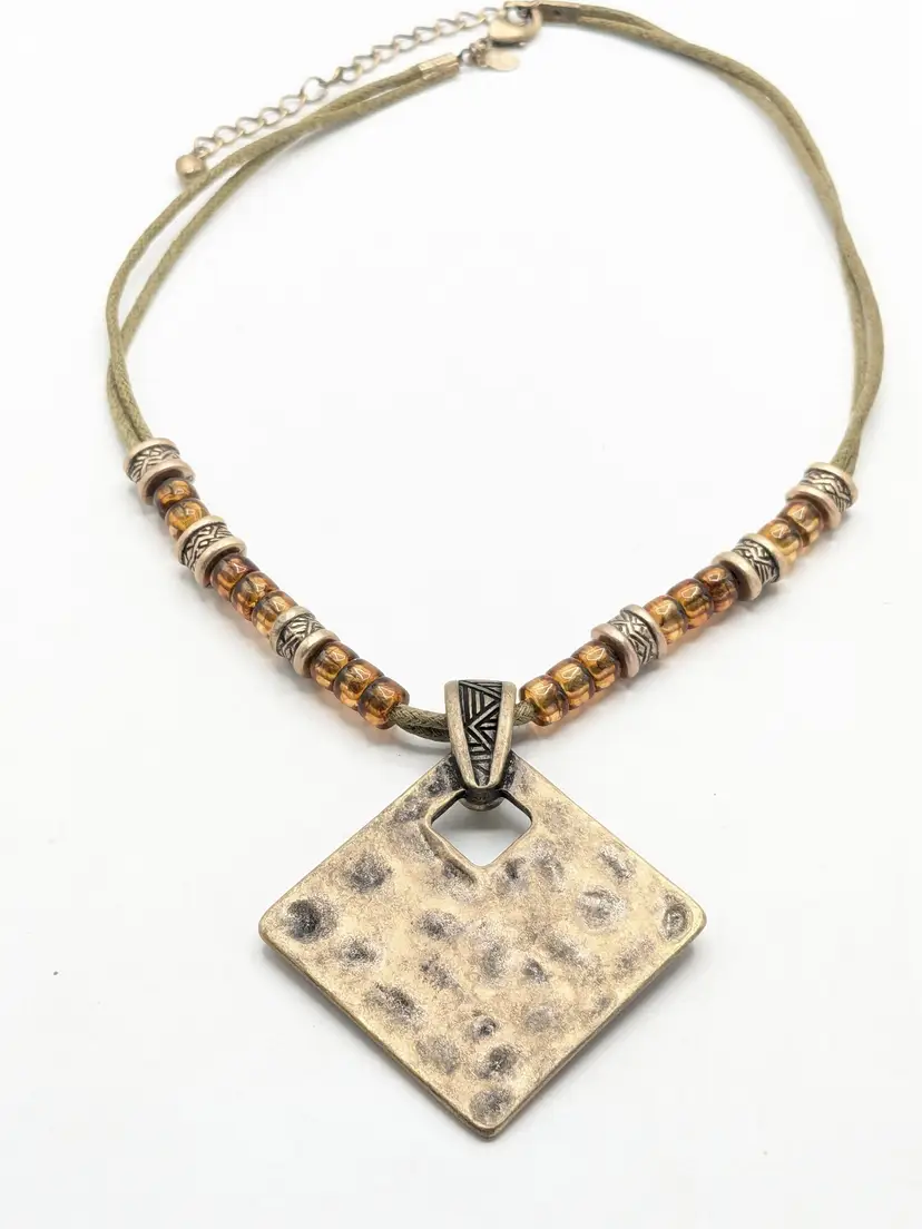 Premier Designs Copper Color Metal Pendant Beaded Cord Necklace