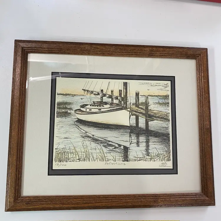 Mike Williams Ink & Color “Reflections” Boat Dock Scene 8x11”