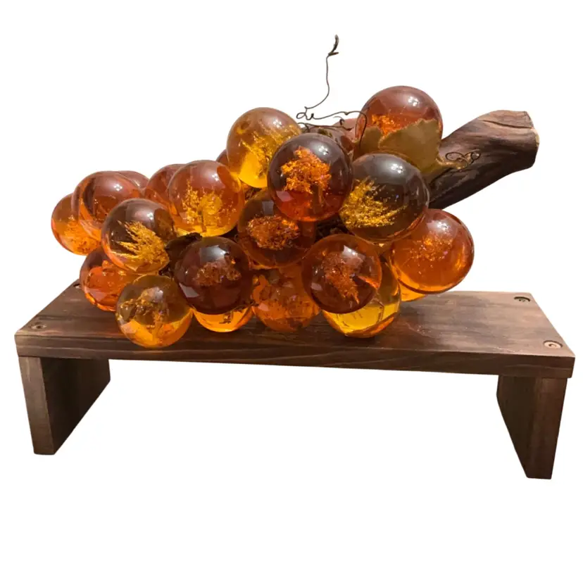 Glowy Large Amber Glass Grapes On Real Wood Branch 6.5” X 12”